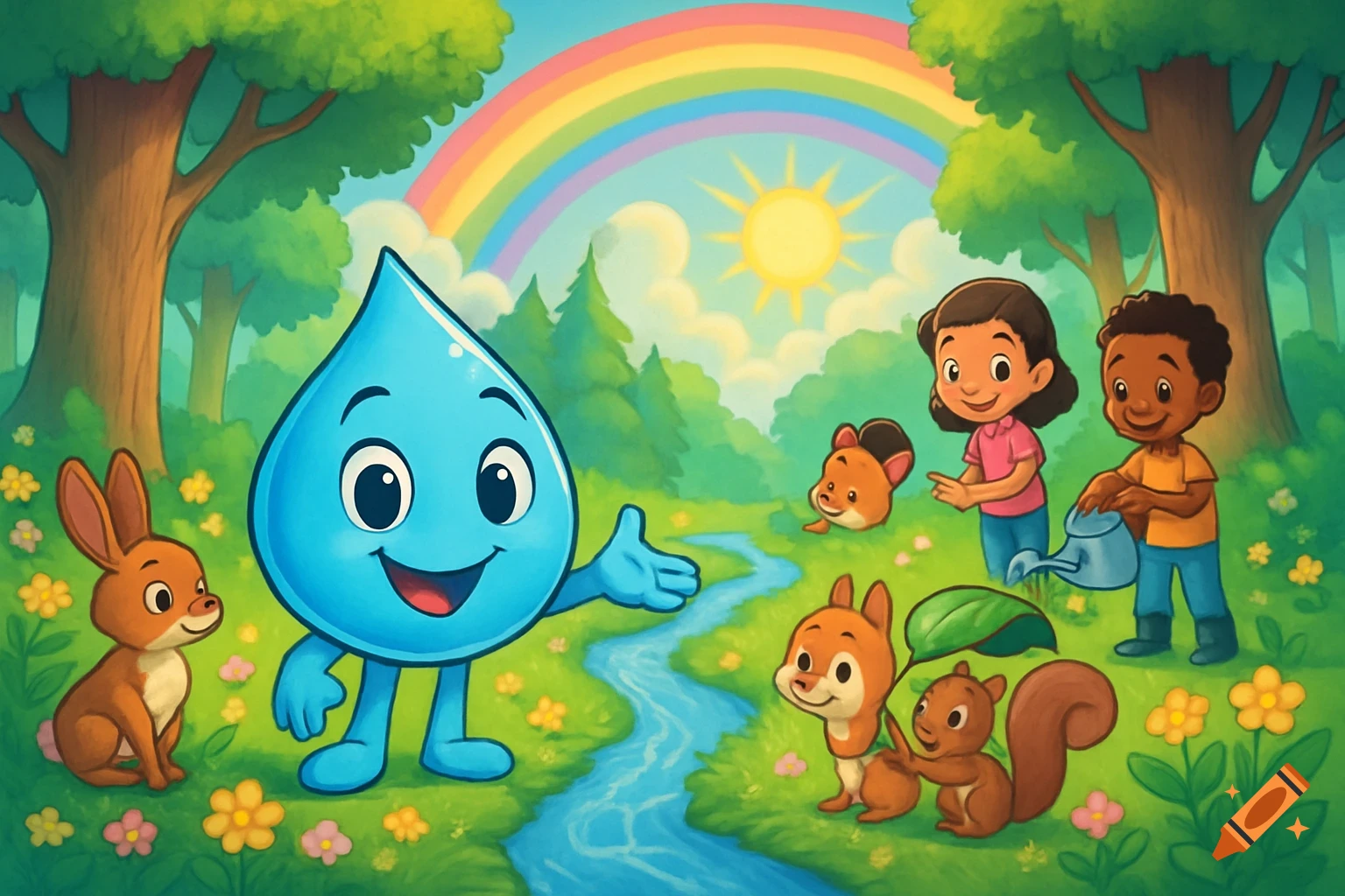 A happy cartoon water droplet stands by a river in a forest with children, animals, a rainbow, and a sun in a colorful illustration.