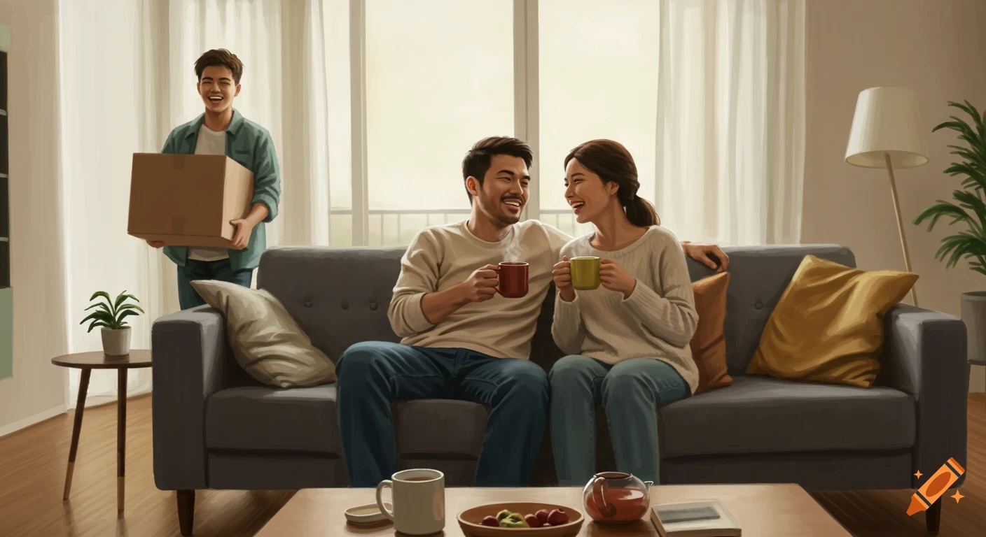Happy couple smiles on a couch, holding mugs, while a man carries a box in a bright, modern living room. Painterly style.