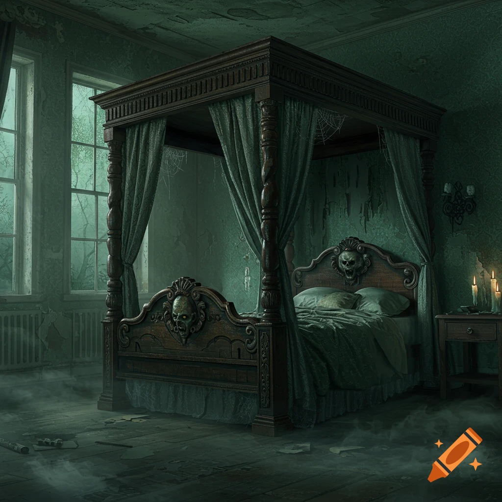 An eerie, dark green bedroom features a large four-poster bed with skull carvings, draped curtains, and cobwebs, in a haunted house.