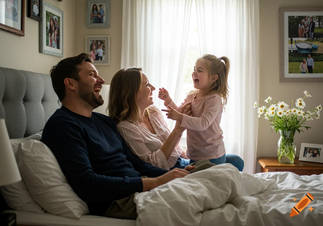 A happy family of three, a mother, father, and young daughter, laughing together on a bed in a bright bedroom.