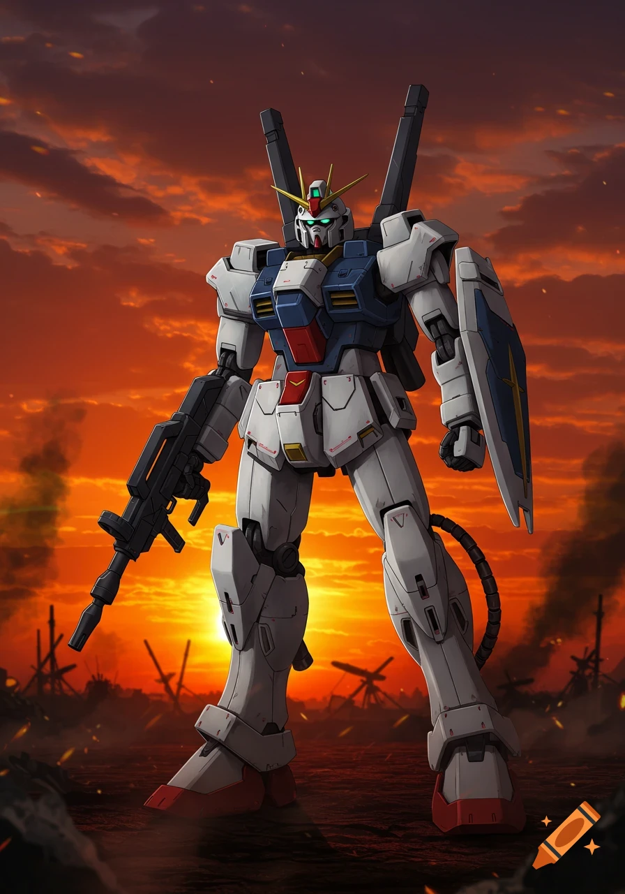 A white, blue, and red Gundam-like mech stands in a destroyed landscape at sunset, holding a rifle and a shield.