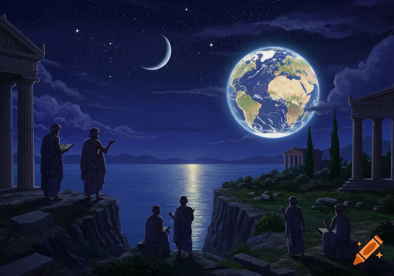 A group of robed figures in ancient Greek architecture observe a giant glowing Earth and crescent moon over a nocturnal sea.