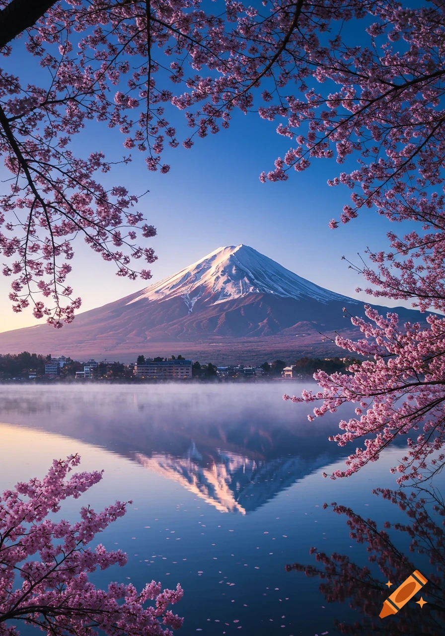 Mount Fuji reflects in a lake surrounded by pink cherry blossoms under a clear sky.