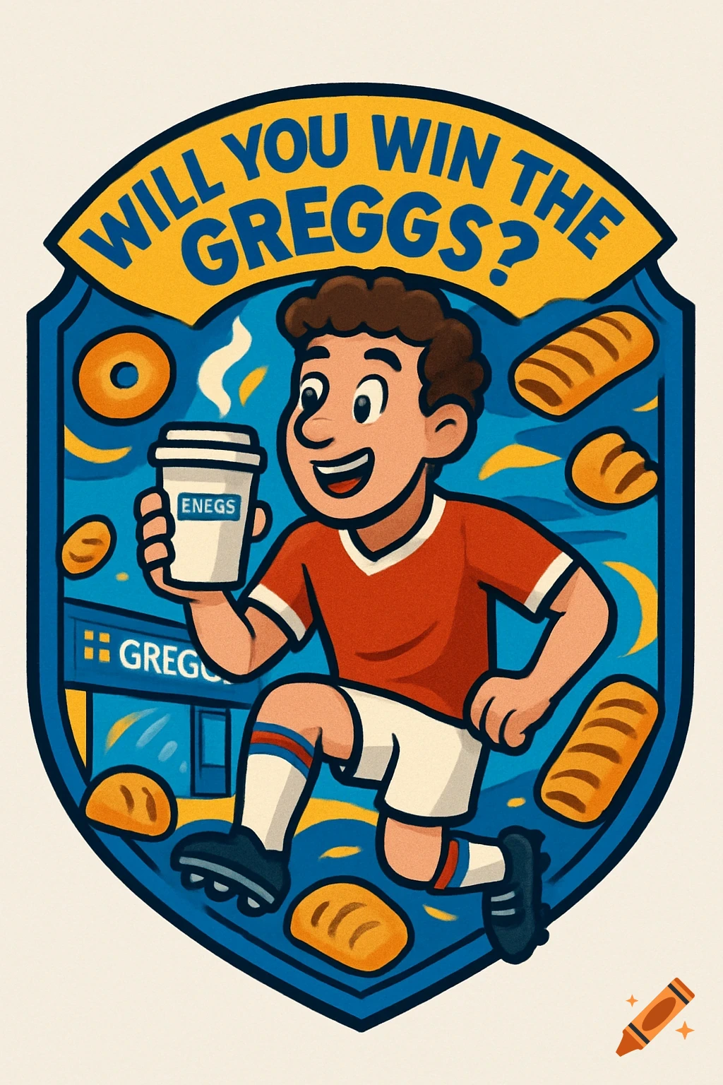Cartoon badge featuring a running footballer in a red shirt holding a coffee cup, surrounded by pastries. Text reads "Will you win the Greggs?" atop a blue and yellow shield design.