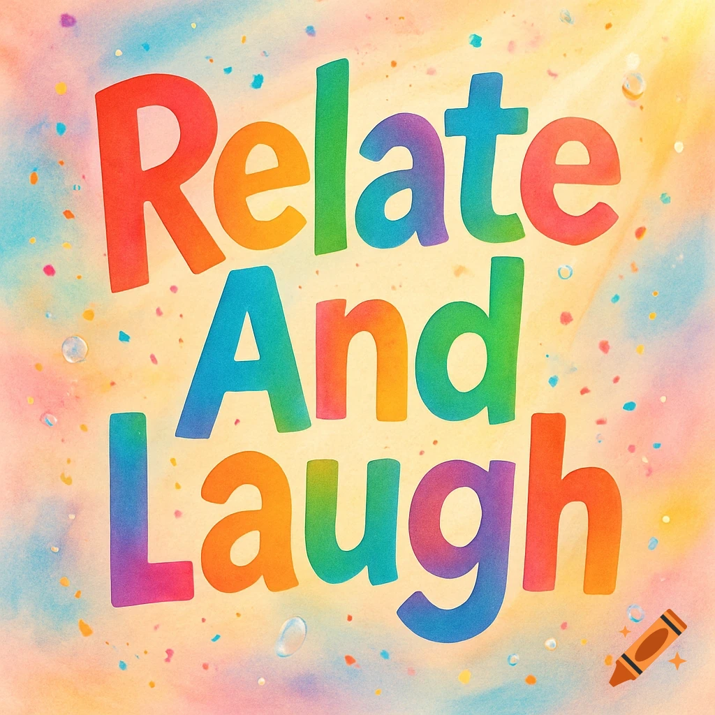 Colorful text spelling "Relate And Laugh" on a vibrant, light-colored background with specks of confetti.