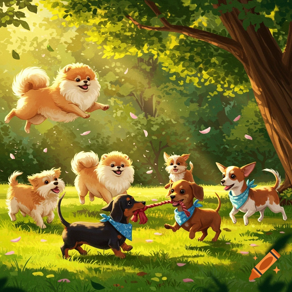 Cute illustration of various small dogs playing in a sun-dappled park. A Pomeranian leaps, while dachshunds tug on a rope toy.