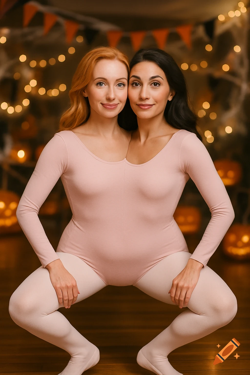 Two women, one red-haired, one dark-haired, appear conjoined in a pink leotard, performing a ballet pli around Halloween decor.