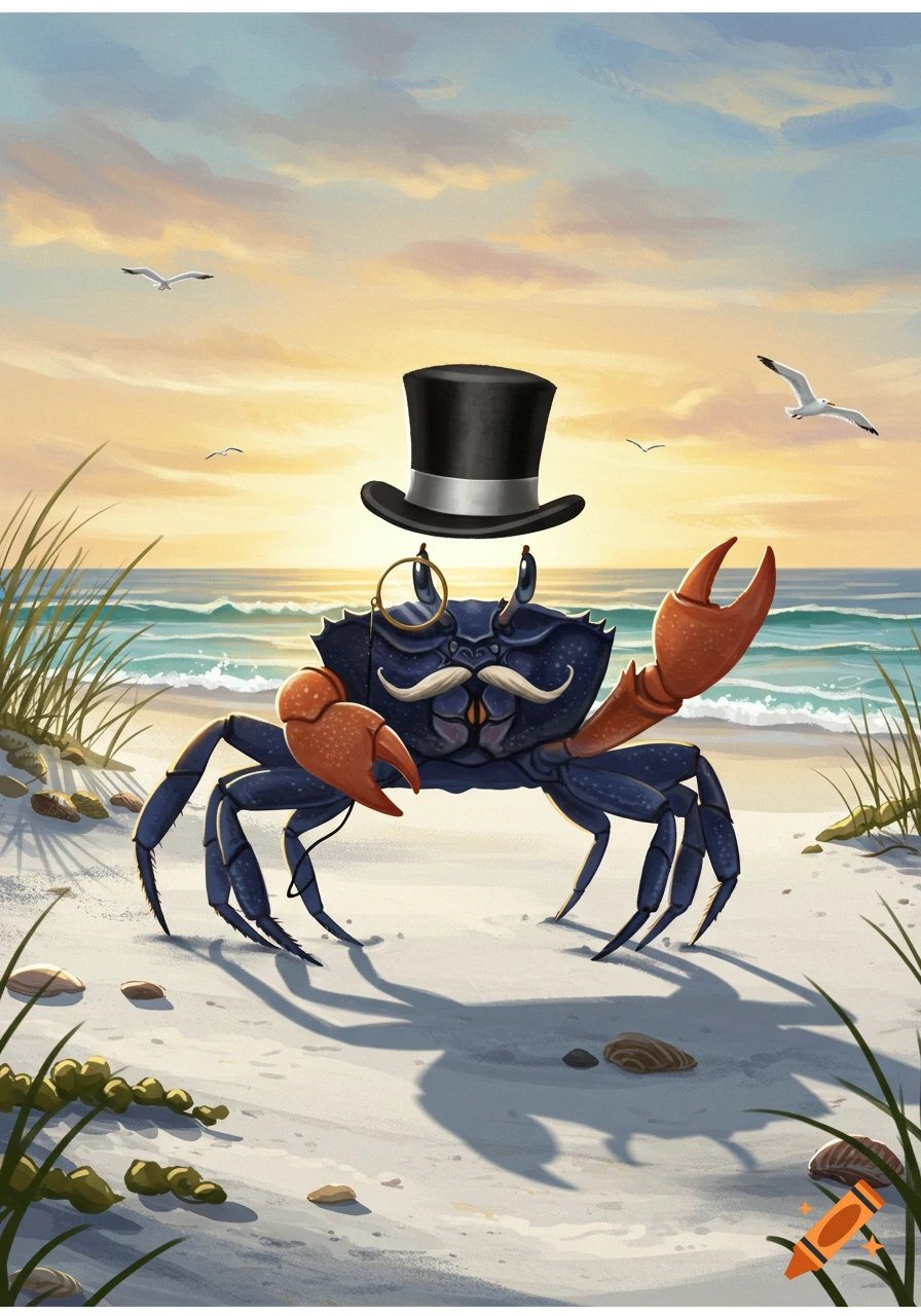 An anthropomorphic blue crab wearing a top hat, monocle, and mustache stands on a sandy beach at sunset.