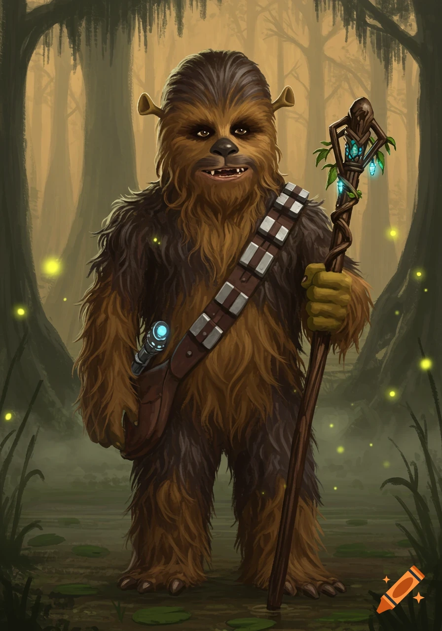 A furry brown Chewbacca-like character with green Shrek ears stands in a misty swamp, holding a glowing staff.