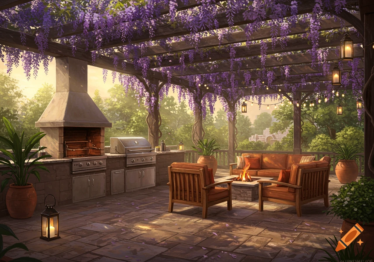 A beautiful patio with a wisteria-covered pergola, outdoor kitchen, fire pit, and lounge furniture, bathed in warm sunlight.