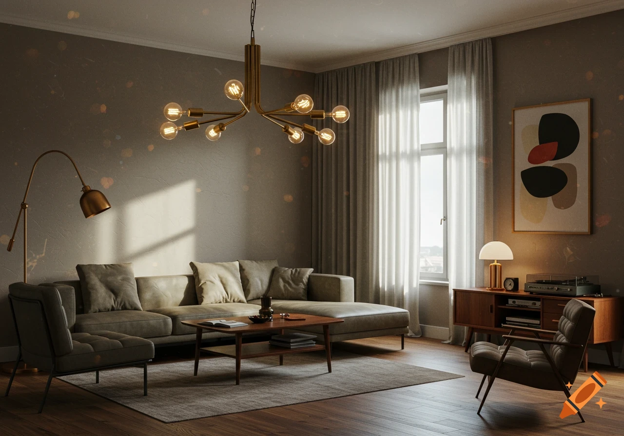A photorealistic image of a modern living room with a large sofa, coffee table, unique brass chandelier, and floor lamp.