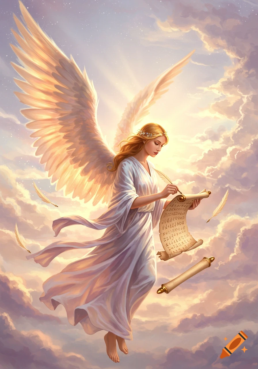 An angel with long flowing hair and large wings floats in a cloudy sky, writing on a scroll with a feather quill.