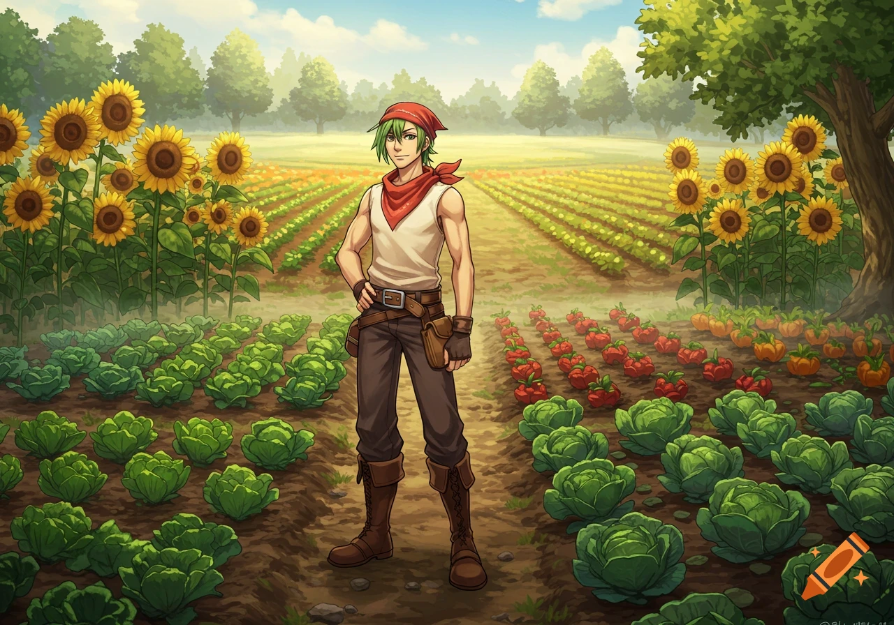 Anime-style male character standing in a vibrant farm field with sunflowers, cabbages, and other crops under a sunny sky.