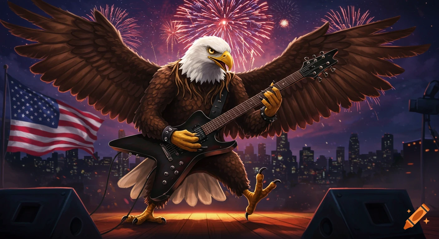 A bald eagle plays a Zakk Wylde-style guitar on a stage with fireworks exploding overhead and a city skyline and American flag in the background.