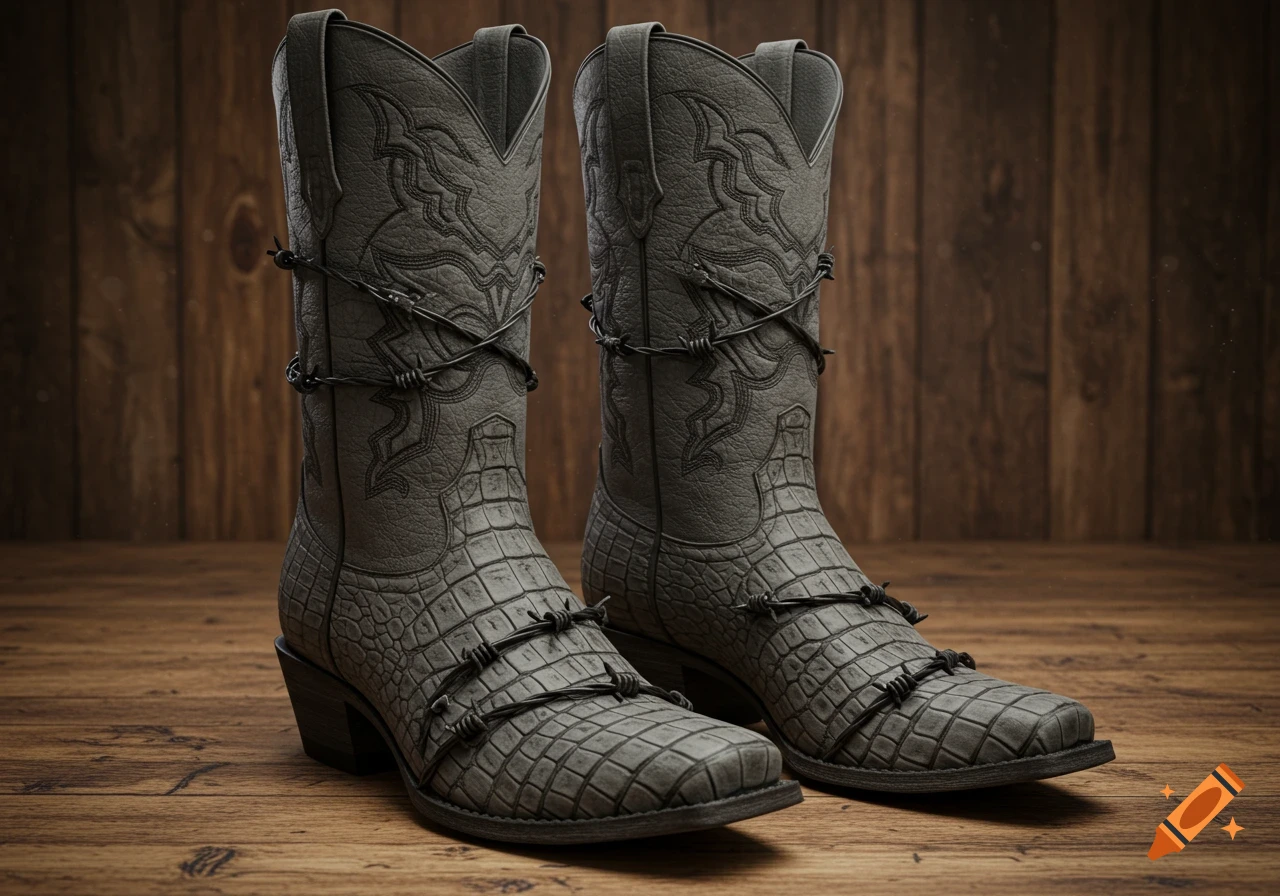 Two dark gray alligator skin cowboy boots wrapped with barbed wire stand on a wooden floor.