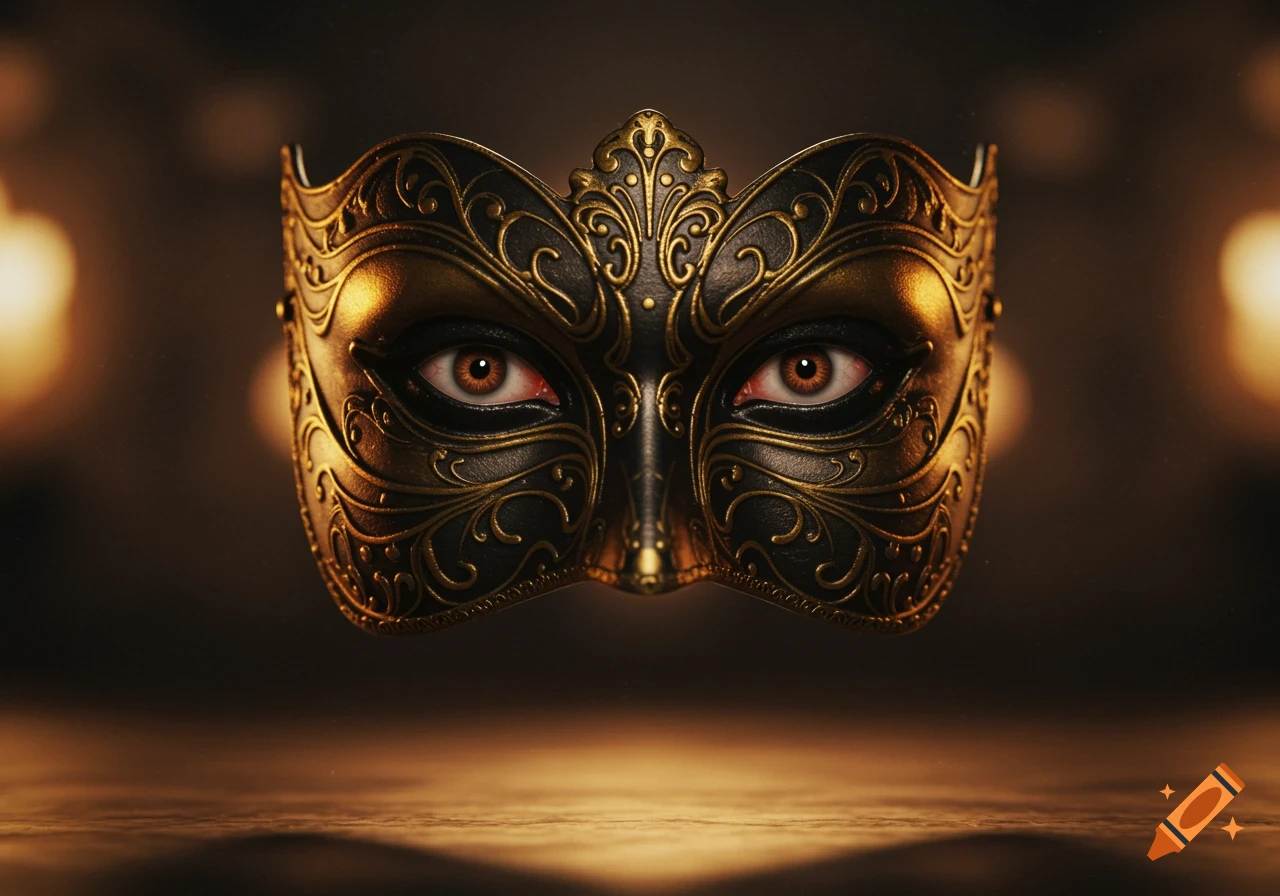 An ornate black and gold masquerade mask with intricate patterns, featuring realistic human-like eyes with red veins, set against a dark, warm background.