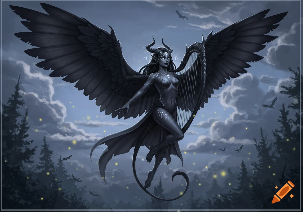 A dark-winged fantasy creature with horns and a tail, holding a harp, flies in a cloudy night sky above a forest.