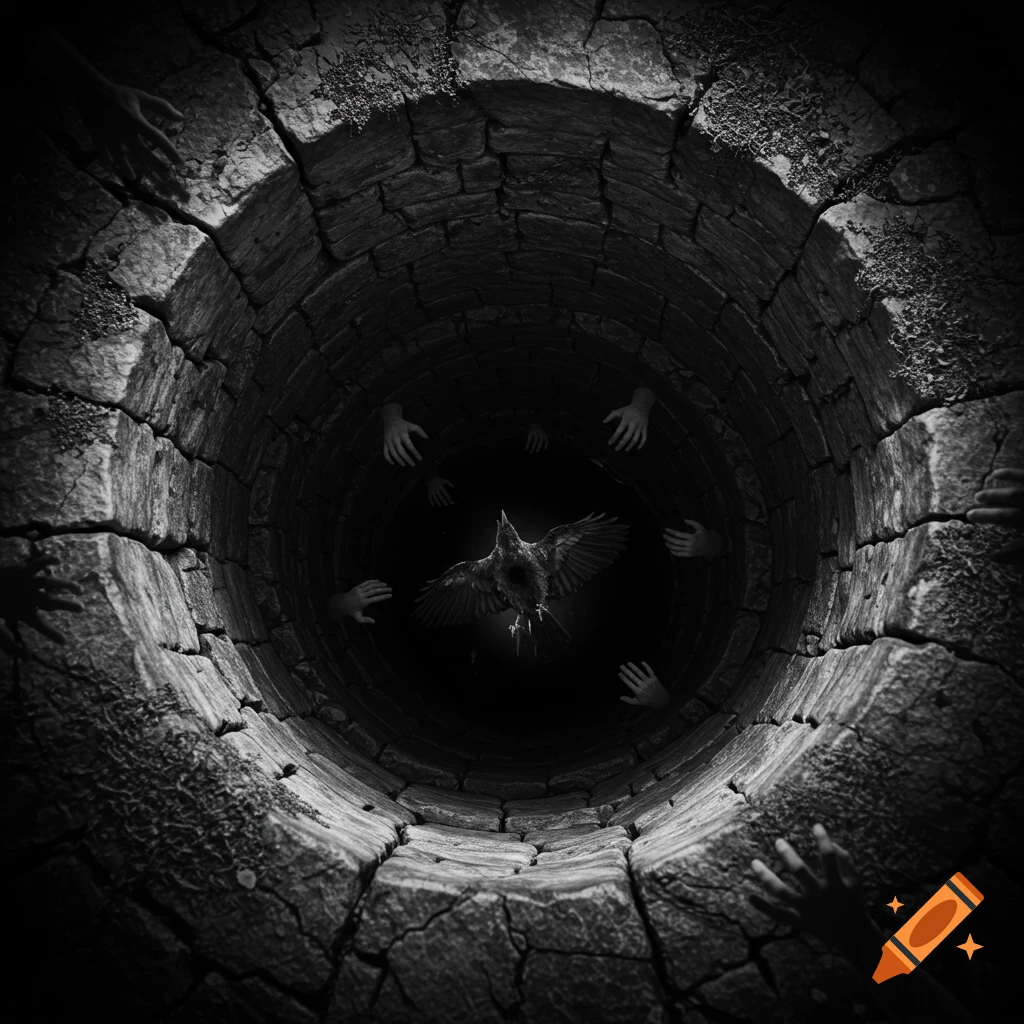 A monochromatic, top-down view into a deep, stone well with many ghostly hands reaching from the dark walls towards a crow with outstretched wings in the center.