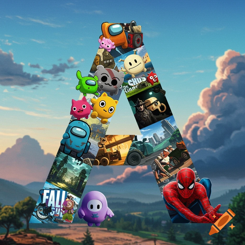 A large letter A logo composed of various video game characters and scenes, including Among Us, Fall Guys, and Spiderman, set against a blurred landscape background.