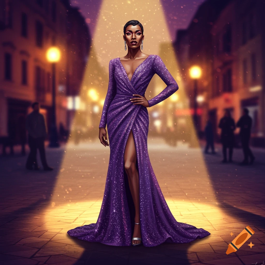 A glamorous figure in a sparkling purple gown stands in a spotlight on a city street at night.
