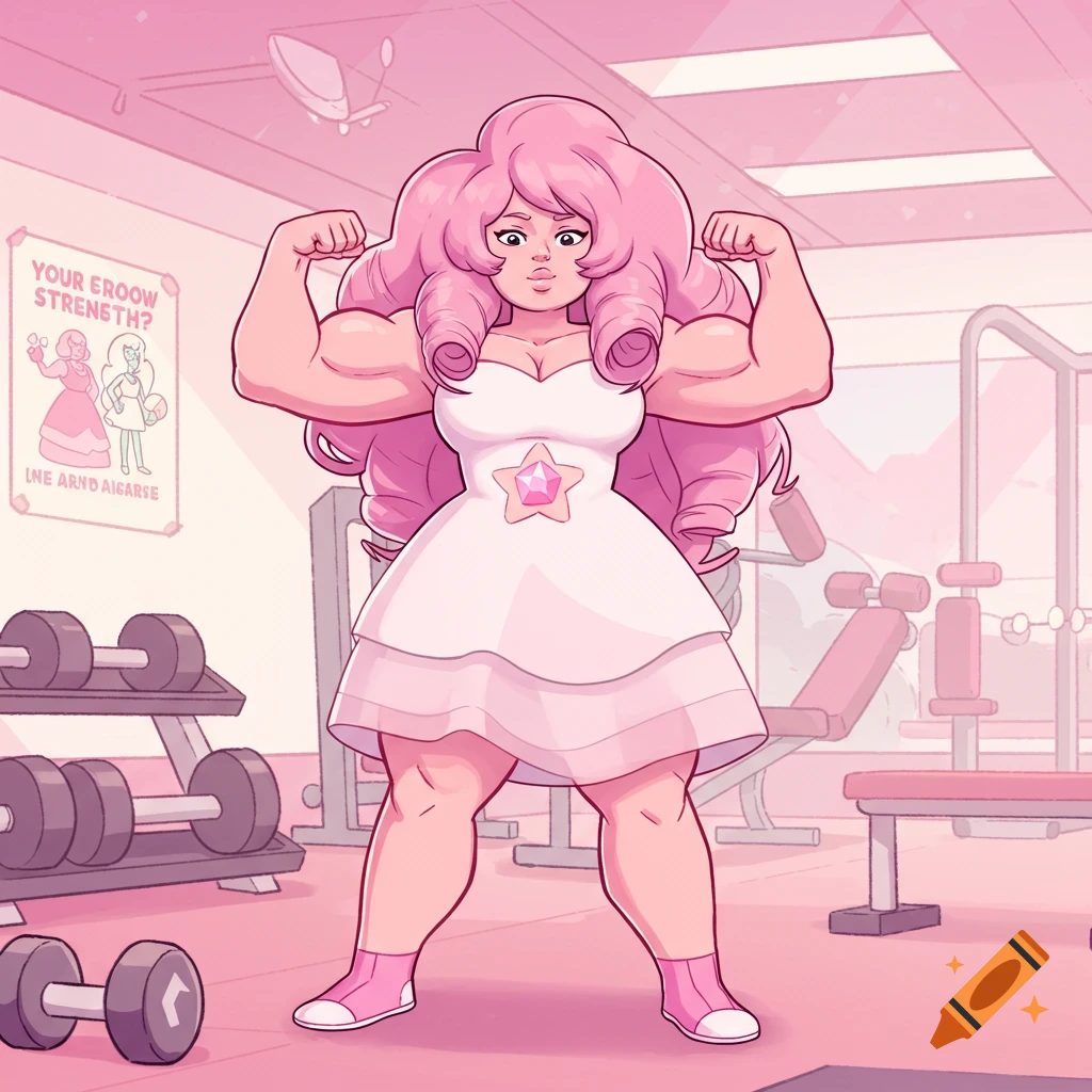 A cartoon character with pink curly hair and a white dress flexes muscles in a pink gym.