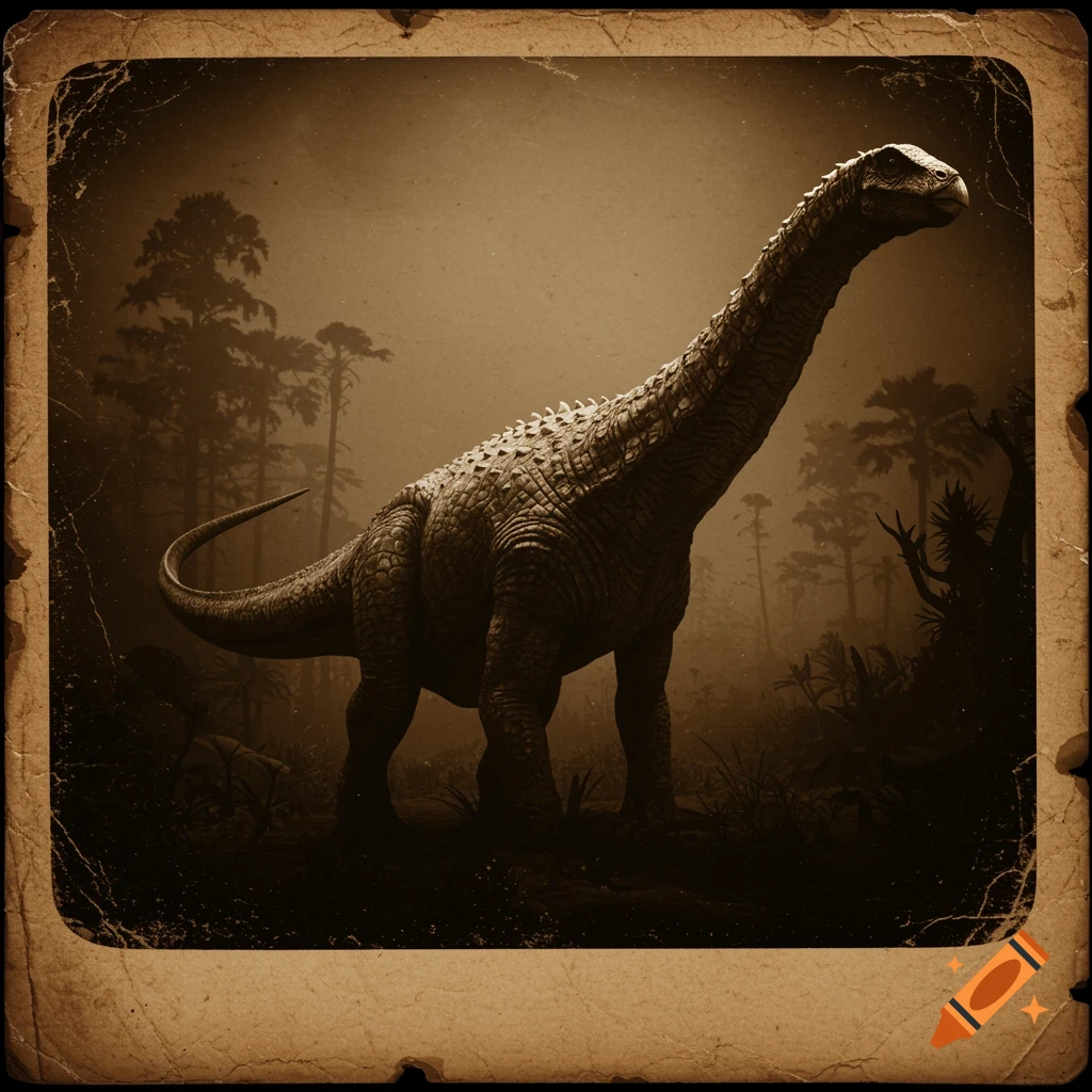 Sepia-toned vintage photo of a long-necked dinosaur standing in a dark, misty jungle with a distressed border.