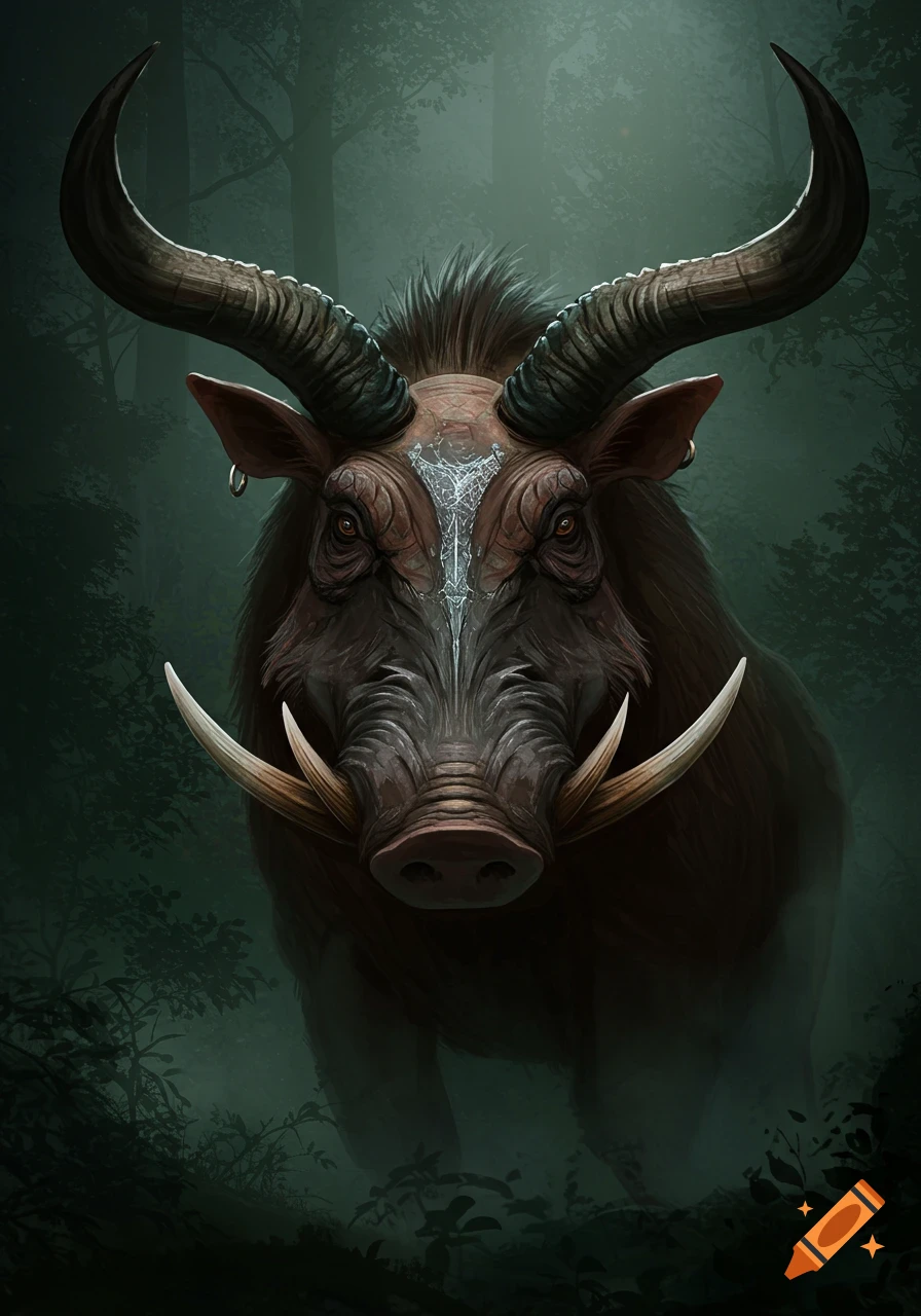 A fierce, horned boar with large tusks and tribal markings on its face stands in a dark, misty forest.