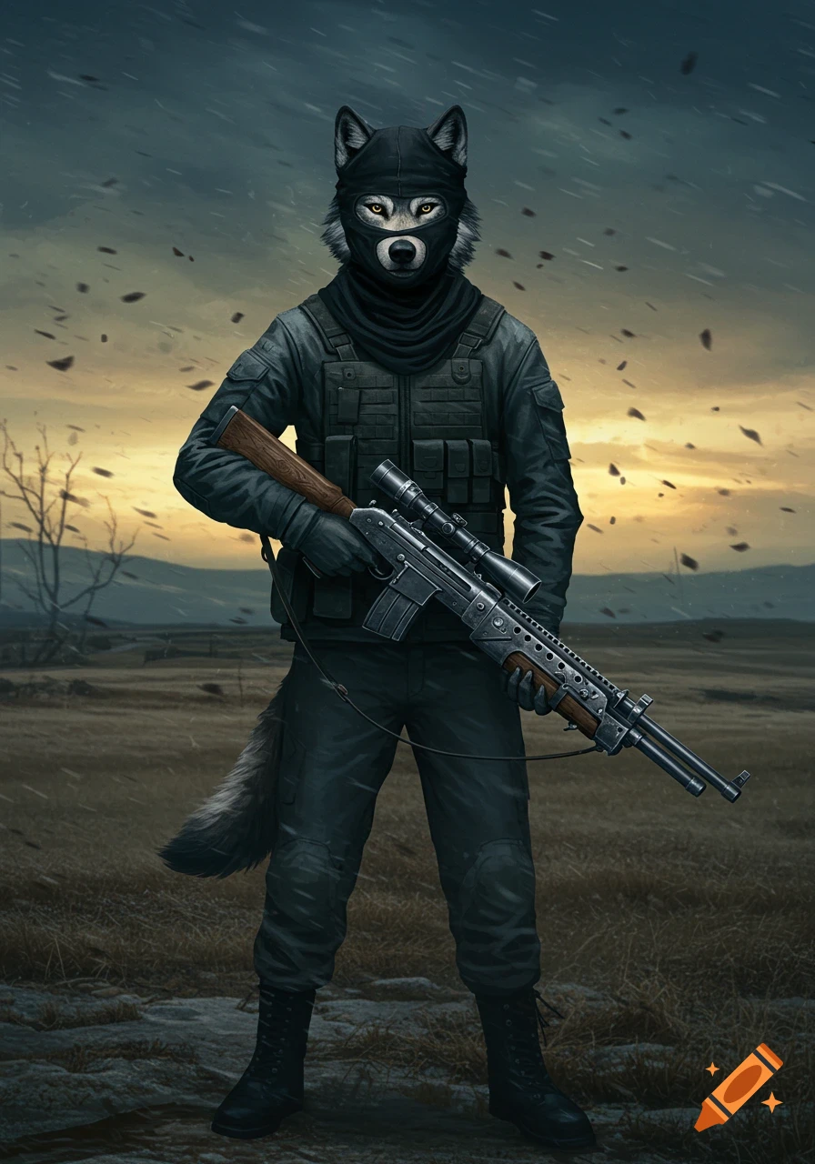 An anthropomorphic wolf in black tactical gear and a balaclava holds a rifle in a desolate, stormy landscape.