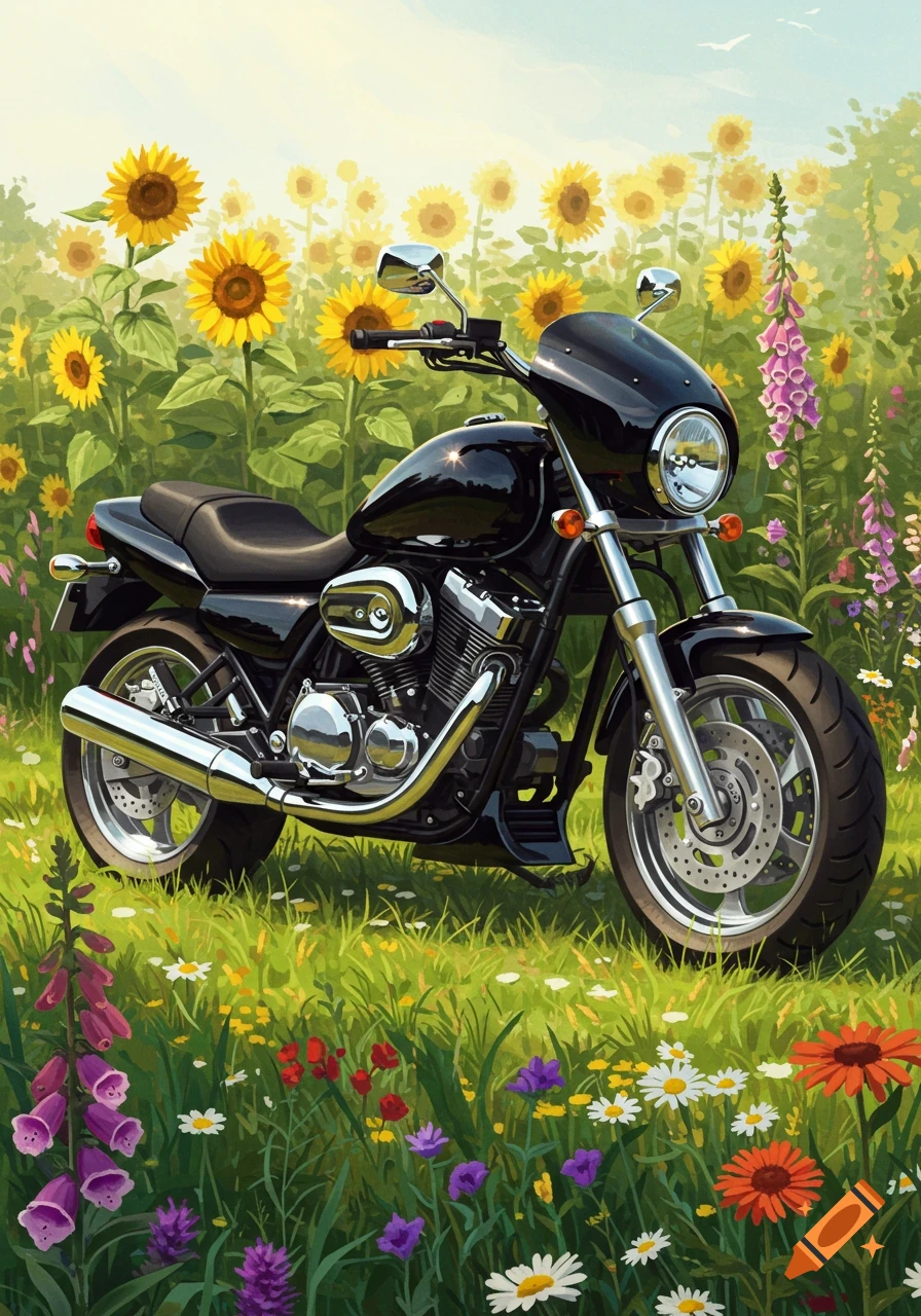 A black motorcycle parked in a field of bright yellow sunflowers and colorful wildflowers under a clear sky, in an illustrative style.