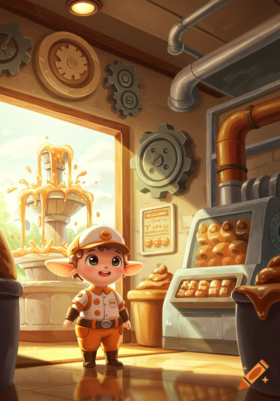 A cute, cartoonish elf-like character in a uniform stands in a vibrant, golden-lit factory, with a honey fountain outside a window.