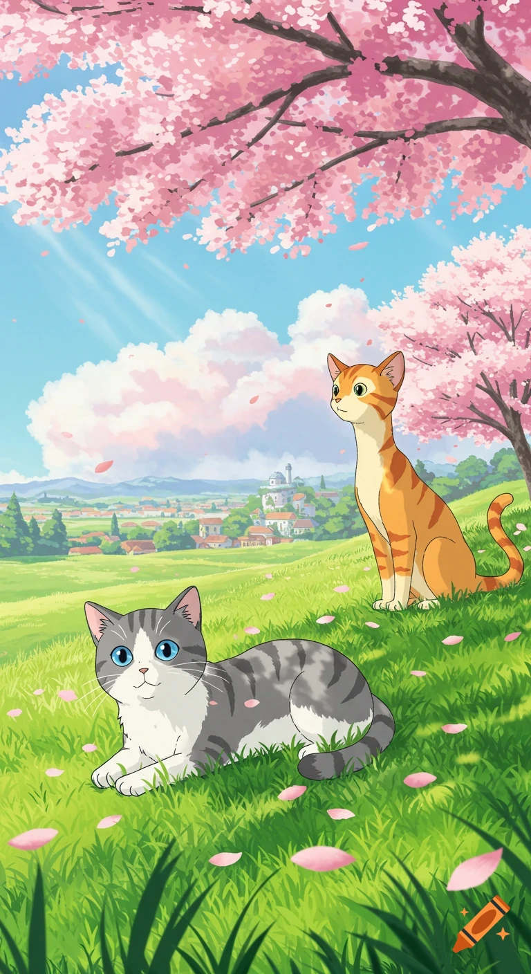 Two anime-style cats, one gray and white and one orange, on a grassy hill under pink cherry blossom trees, with a village in the background.