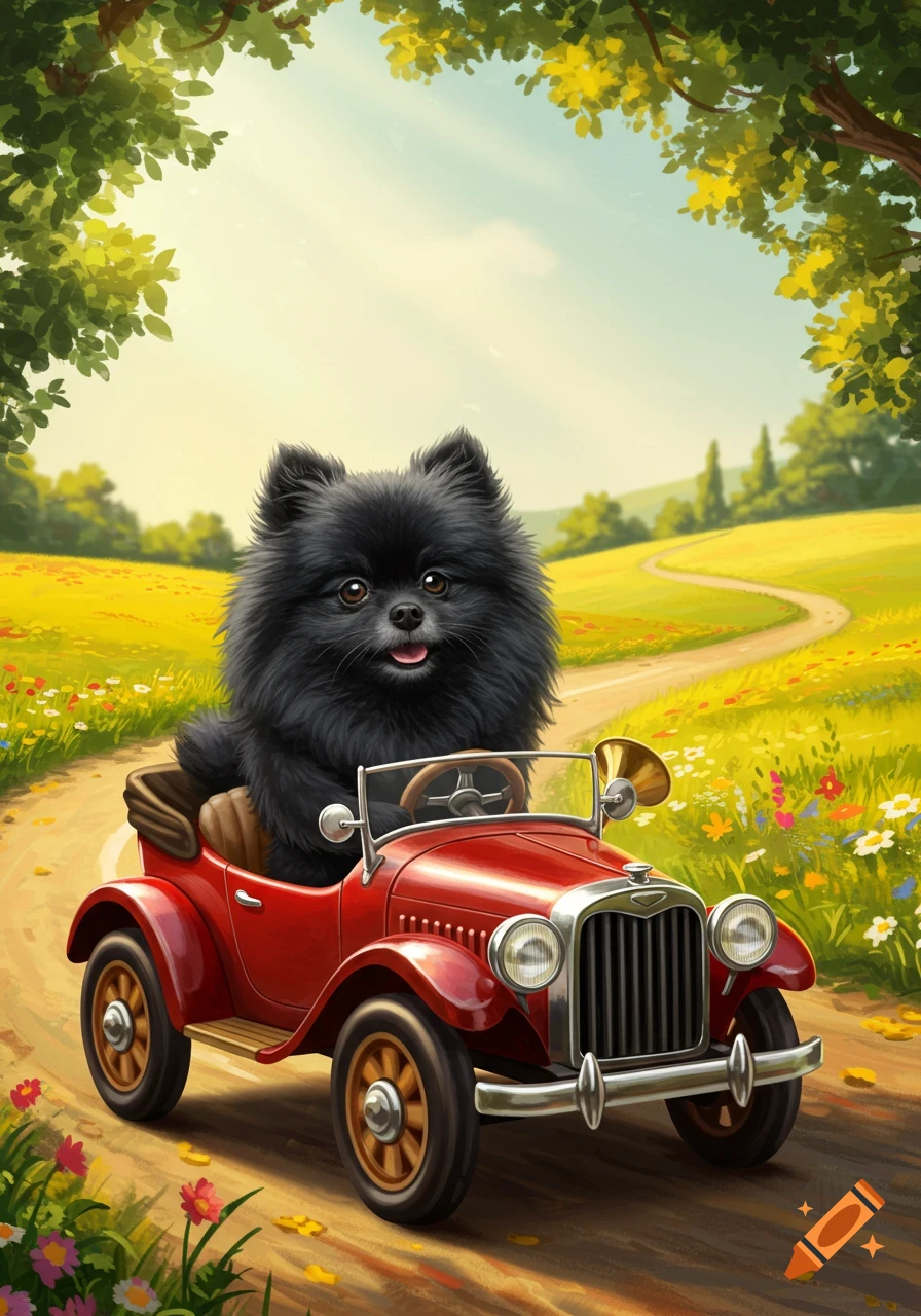 A fluffy black Pomeranian dog drives a red vintage car down a winding dirt road in a sunny, green field with wildflowers and trees.