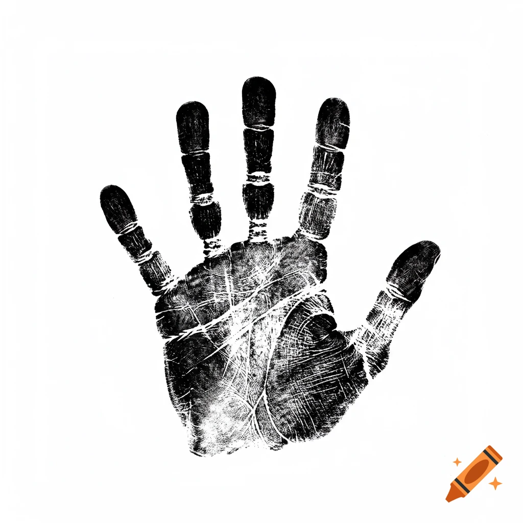 A stark black and white contact print of a human hand, showing detailed lines on the palm and fingers against a pure white background.