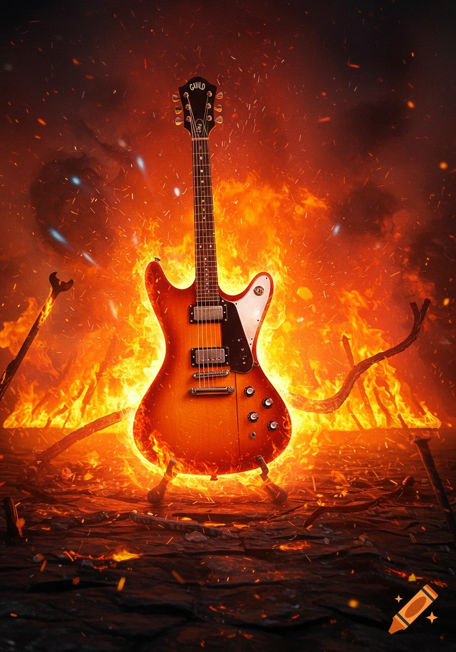 A Guild electric guitar, with an orange and brown body, stands amidst roaring flames and flying embers.