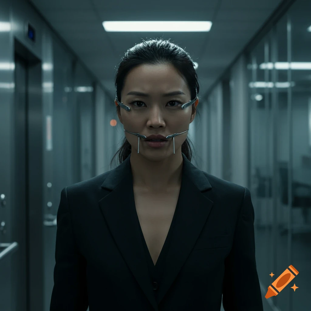 A serious Asian woman in a black blazer wears a strange metal device on her face, standing in a dim office hallway.