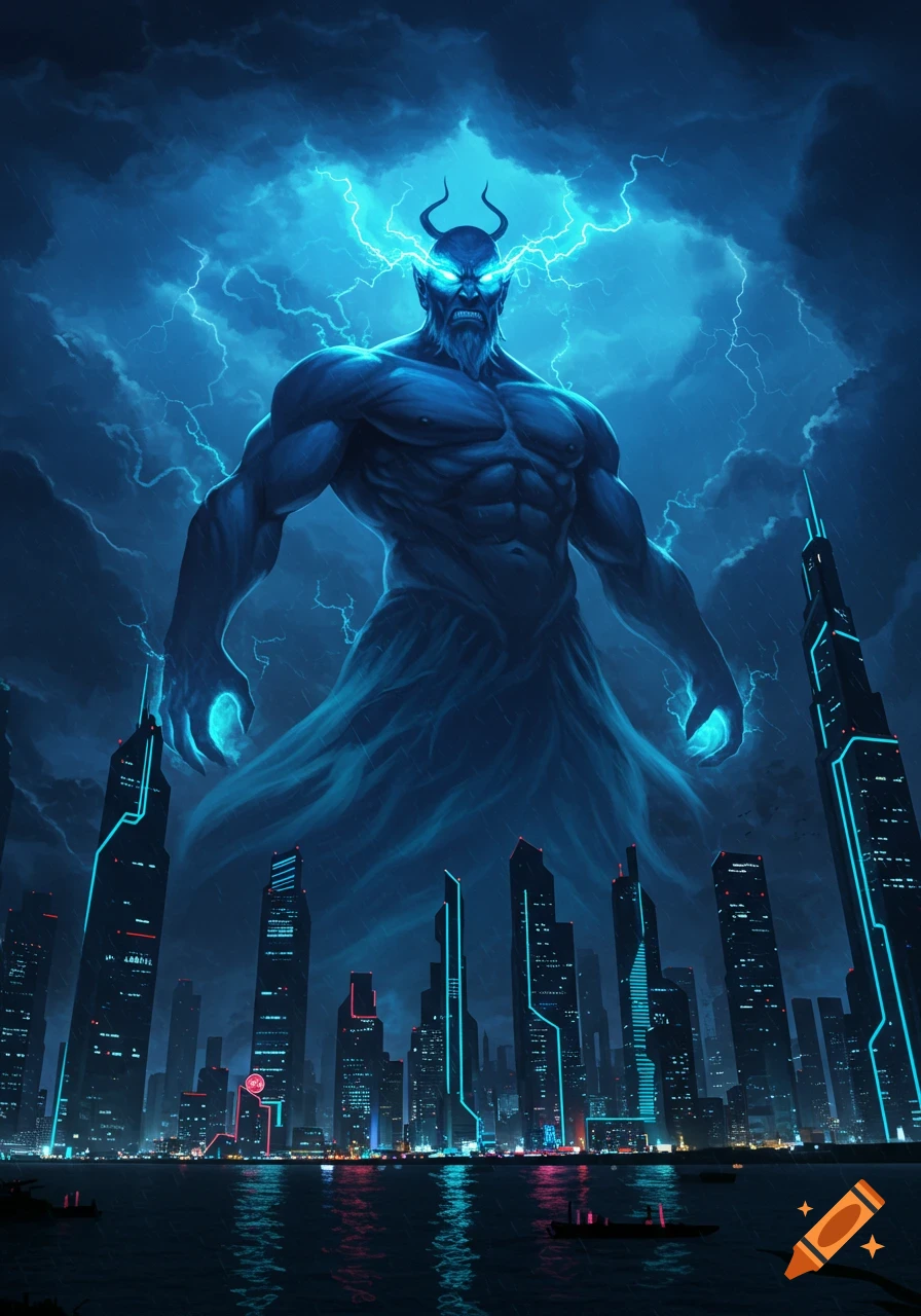 A giant, muscular blue horned demon creature with glowing eyes and lightning over a futuristic cityscape at night.