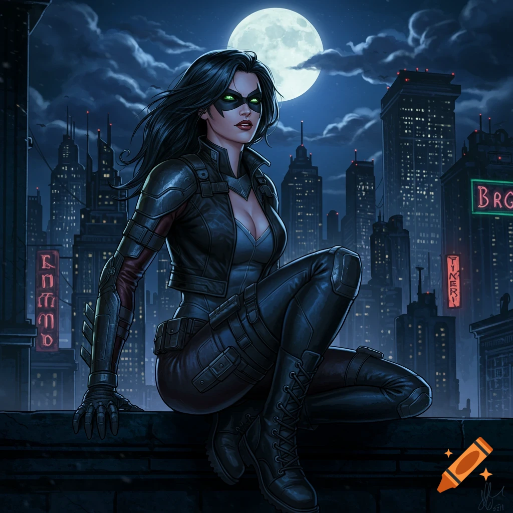 A female superhero in a black suit with green glowing eyes crouches on a city rooftop at night under a full moon, comic art style.