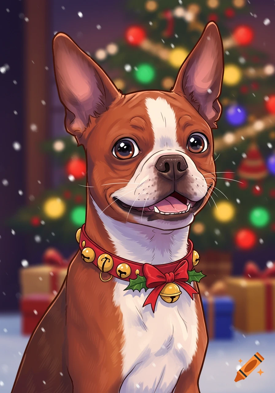 A happy, cartoon animated Boston Terrier dog with a red Christmas collar and bells, in front of a blurry Christmas tree with falling snow.