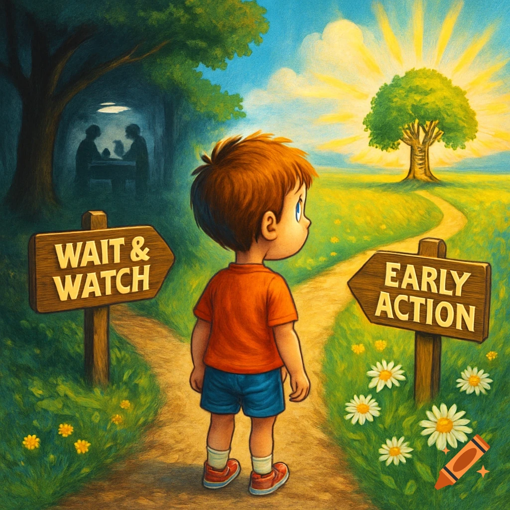 An illustration of a young boy standing at a fork in a dirt road, looking forward. One wooden sign points left saying "WAIT & WATCH" leading to a dark, shadowy path. Another wooden sign points right saying "EARLY ACTION" leading to a bright, sunlit meadow.