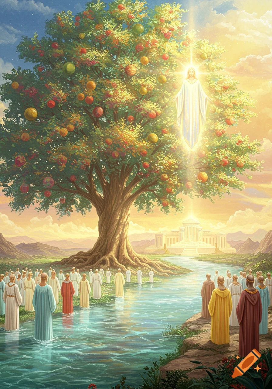 A luminous spiritual scene with a glowing figure over a large fruit-bearing tree, a river flowing past robed people towards a bright temple.