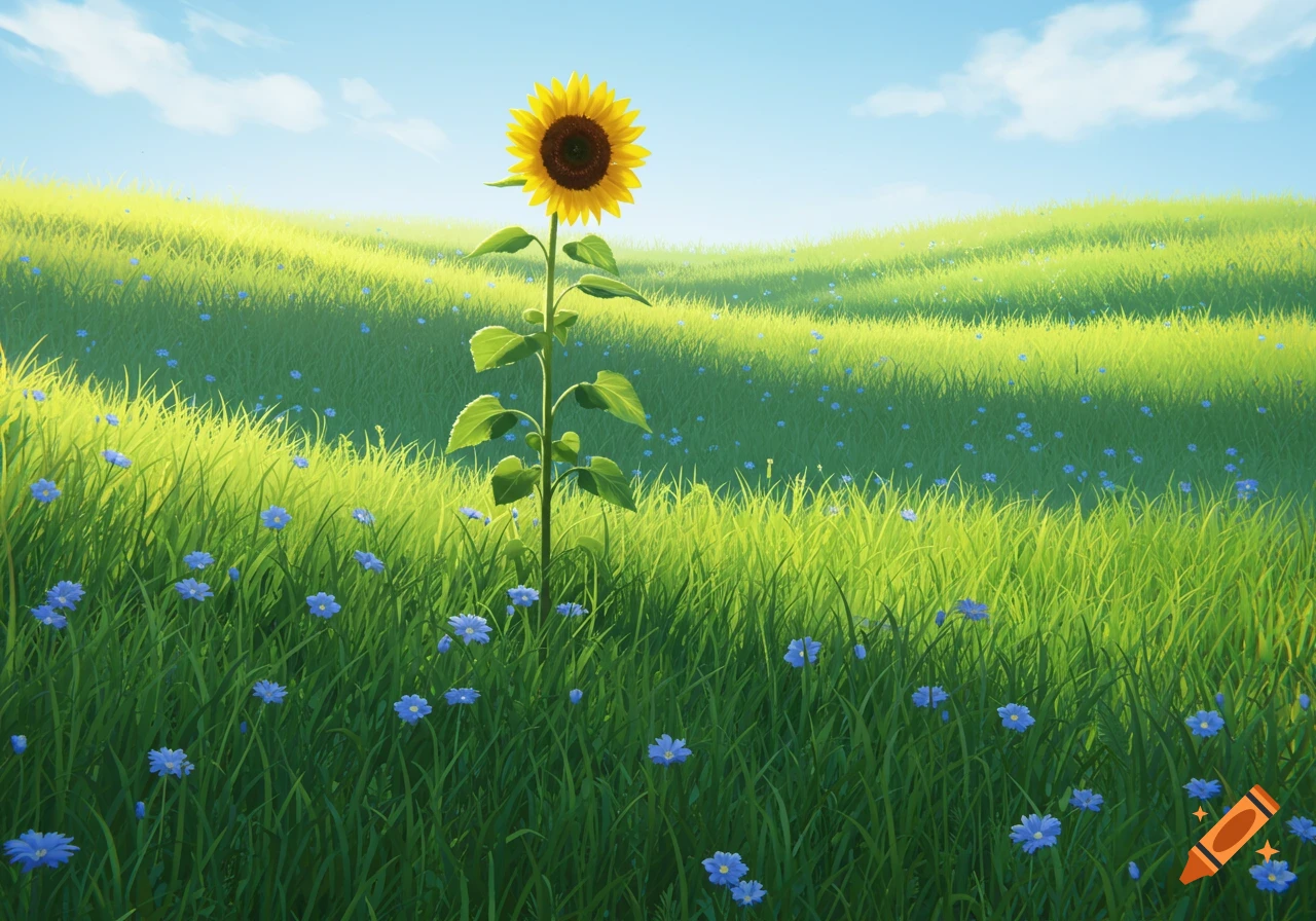A tall sunflower stands prominently in a bright green grassy field dotted with small blue flowers under a clear blue sky.