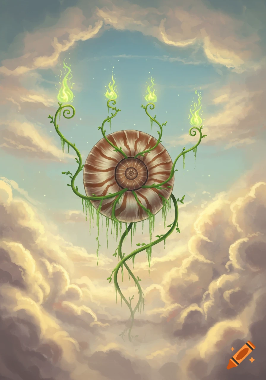 Fantastical illustration of a nautilus shell wreathed in green vines with glowing green flames, floating among clouds.