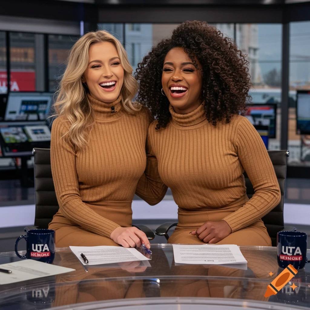 Two smiling women, one white with blonde hair and one Black with curly dark hair, wearing brown turtlenecks, sit at a news desk.
