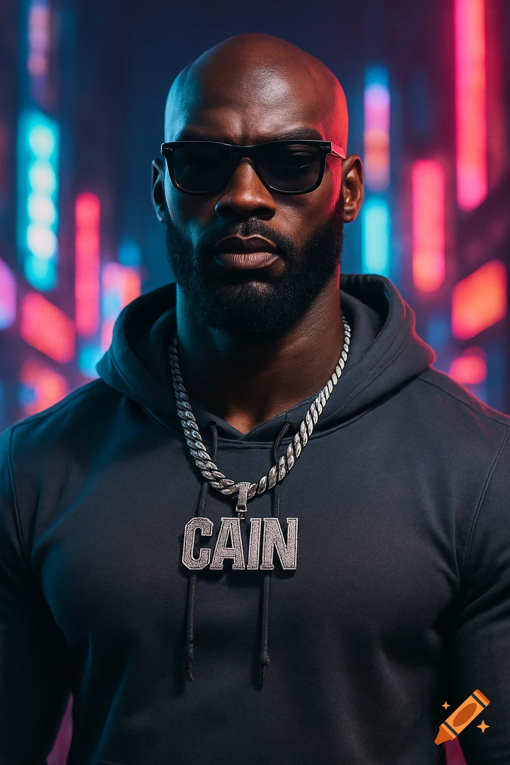 Photorealistic portrait of a bald Black man with a beard and sunglasses, wearing a black hoodie and a 'CAIN' necklace against a blurred neon city background.