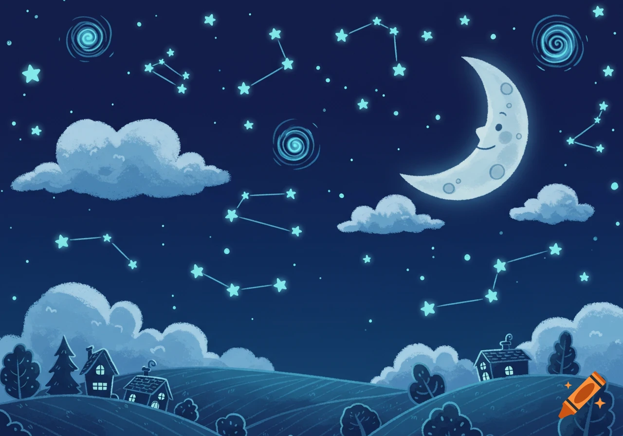 A cartoon night sky with a crescent moon, glowing stars, constellations, clouds, and a landscape with houses and trees.