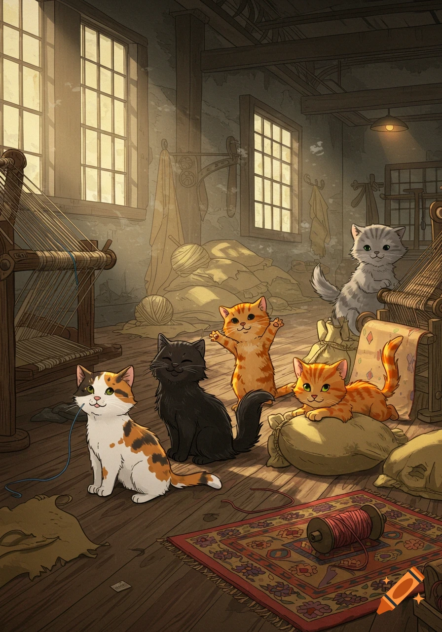 Five playful cartoon kittens in a rustic weaving workshop with looms, sacks of yarn, and sunlight streaming through large windows.