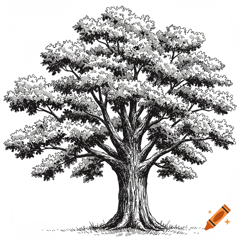 Black and white sketch of a large oak tree with a full canopy and detailed trunk.