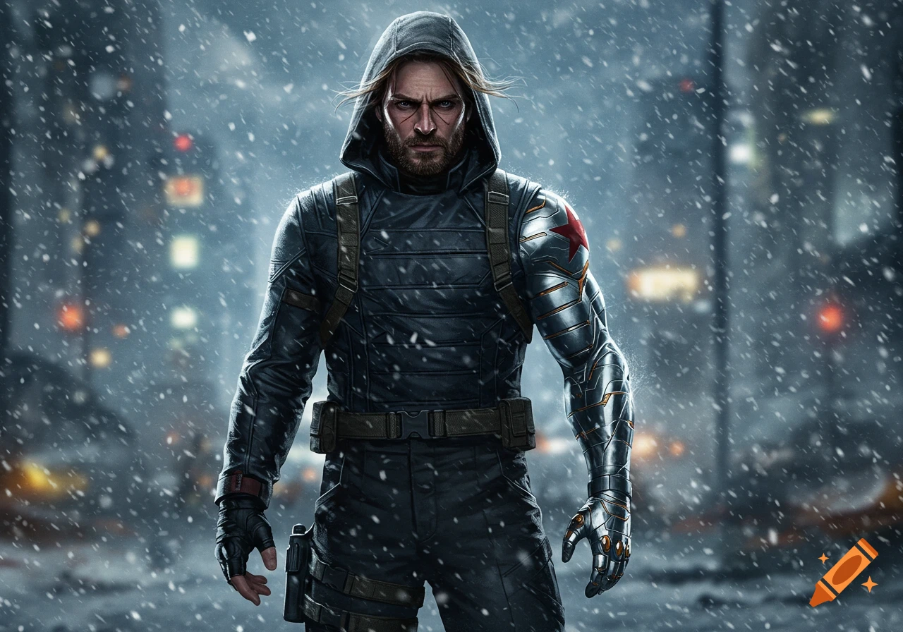 A photorealistic image of a hooded man with a bionic arm and a beard, standing in a snowy city.