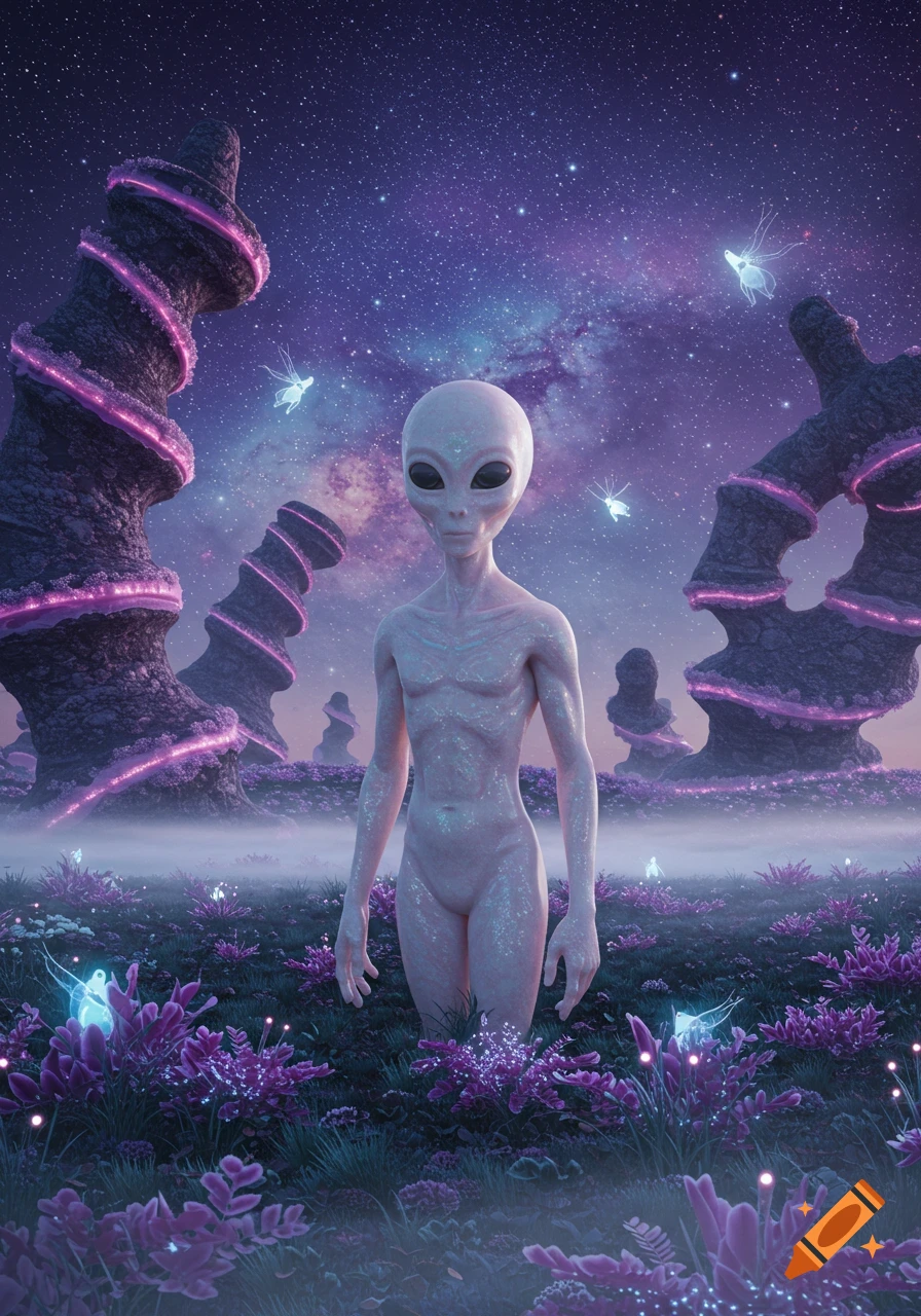 A grey alien stands in a vibrant purple alien landscape under a starry night sky with strange glowing plants and creatures.