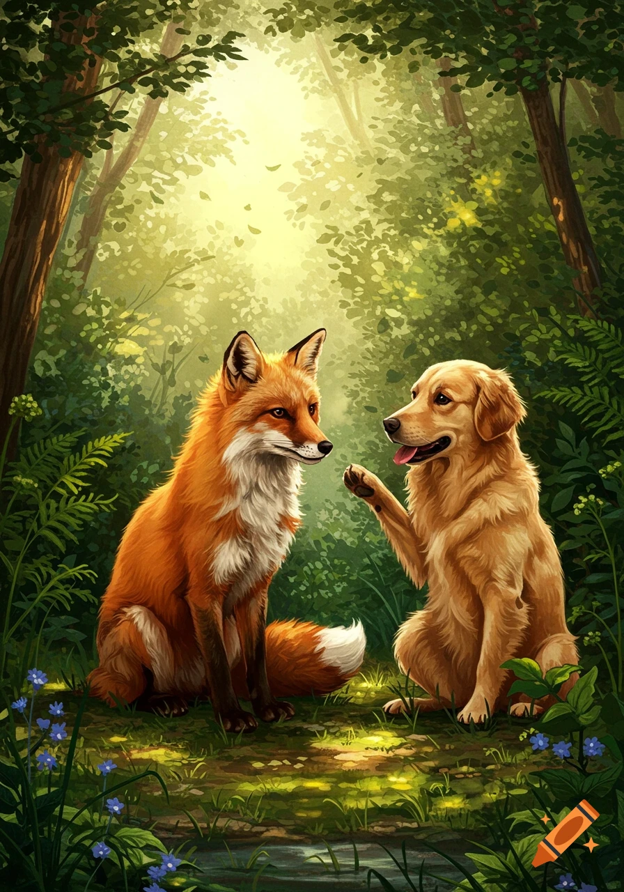A red fox and a golden retriever dog sitting on a sunny forest floor with ferns and trees, in a digital painting style.